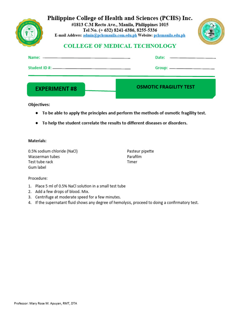 Lab Ex 8 Osmotic Fragility Test PDF