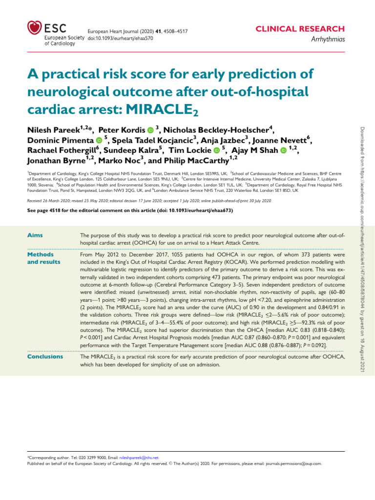 MIRACLE2 Score for Cardiac Arrest Outcomes | PDF | Cardiac Arrest ...