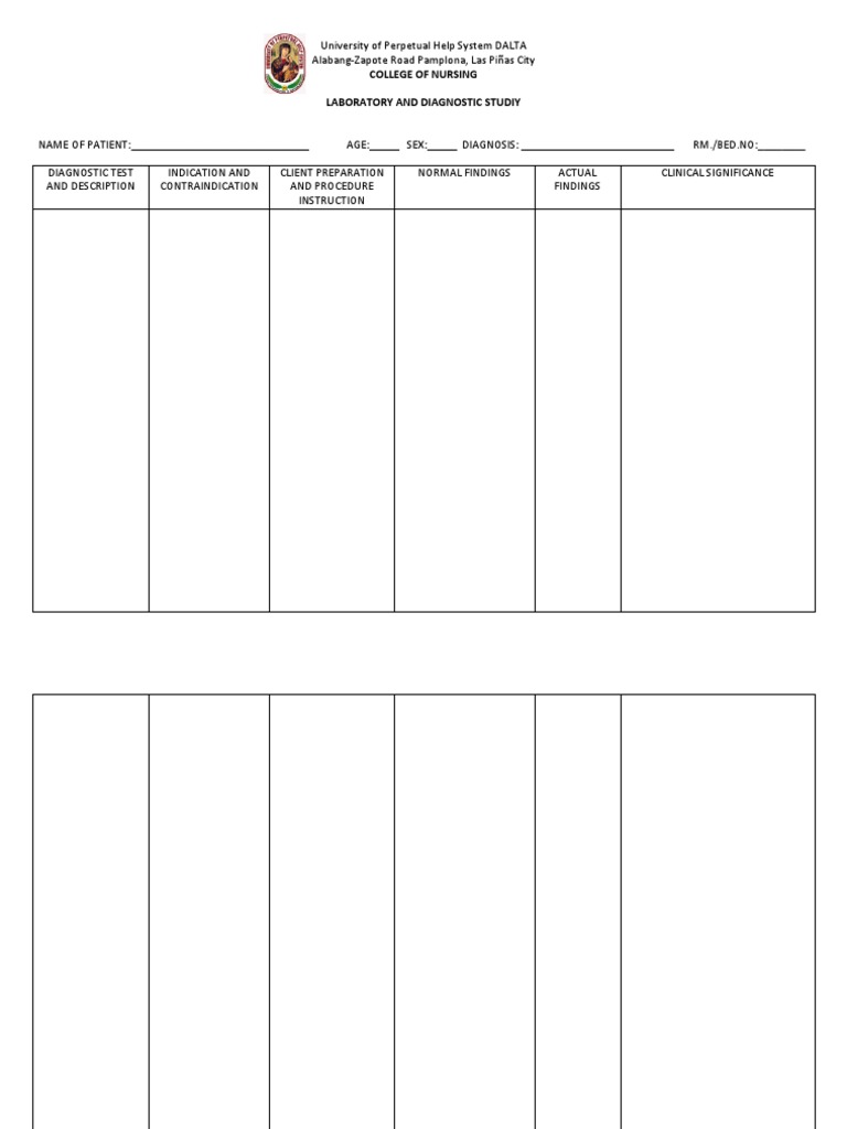 Nursing Lab Diagnostic Study Template | PDF | Self-Improvement | Wellness