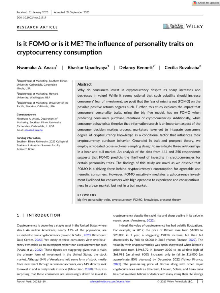 Psychology and Marketing - 2023 - Anaza - Is It FOMO or Is It ME The  Influence of Personality Traits On Cryptocurrency | PDF | Cryptocurrency |  Risk