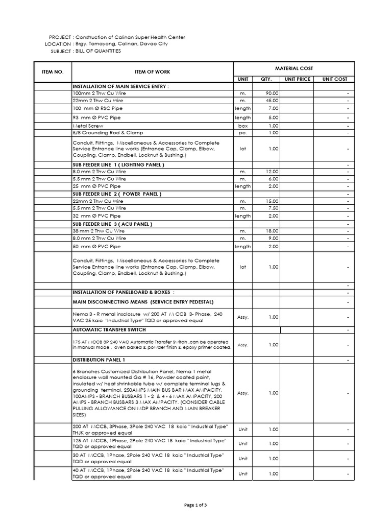 DOH Calinan Electrical For Quotation PDF Electricity Wire