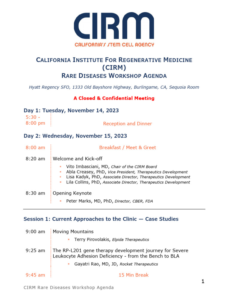 CIRM Rare Diseases Workshop Agenda 2023 | PDF | Gene Therapy ...