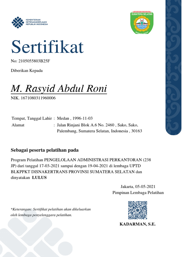 Sertifikat Pelatihan Administrasi Perkantoran | PDF