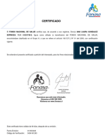 Certificado: ESPINOZA, RUN 21321740-2, Figura Como Afiliado (O Beneficiario) Del FONDO NACIONAL DE SALUD