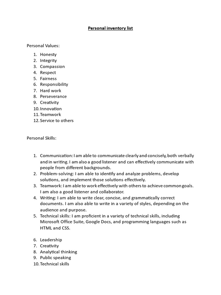 Personal Inventory List | PDF