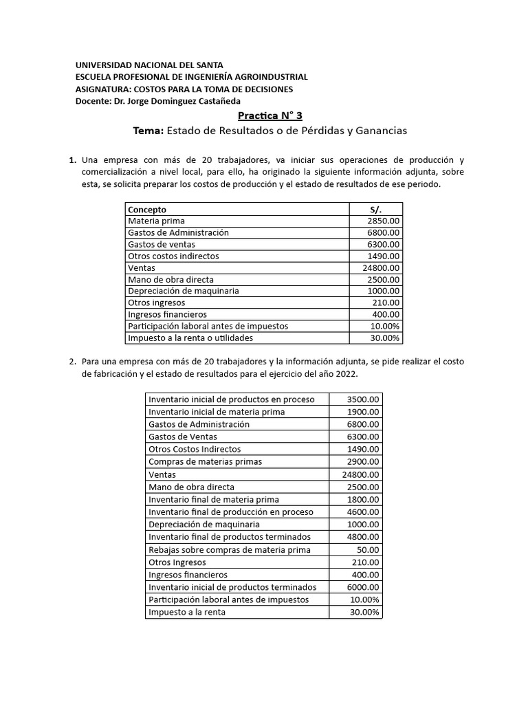 Costos y Estado de Resultados Agroindustrial | PDF | Estado de ...