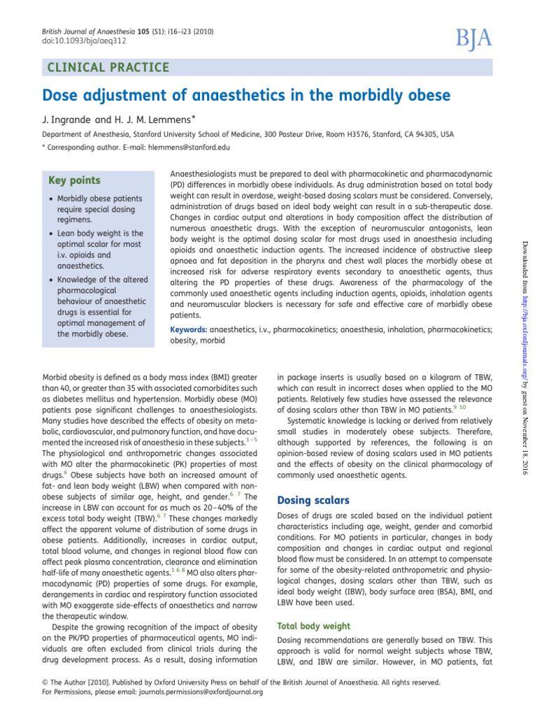 Br. J. Anaesth.-2010-Ingrande-i16-23 | PDF | Obesity | Anesthesia