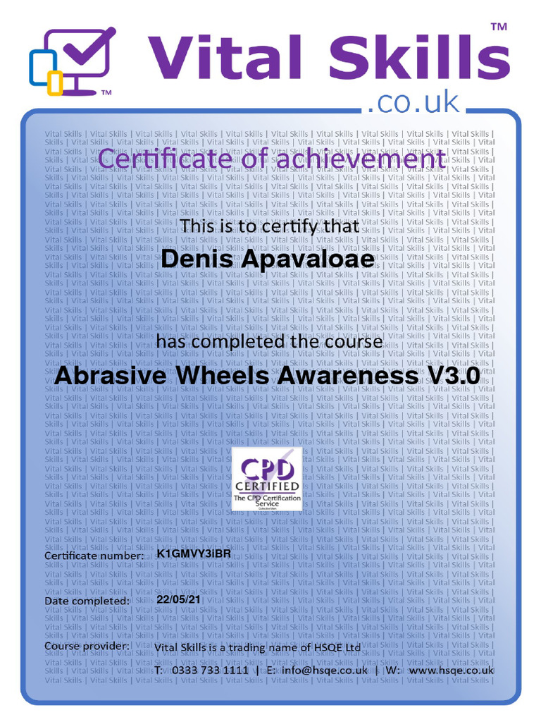 Abrasive Wheels Awareness Certificate PDF