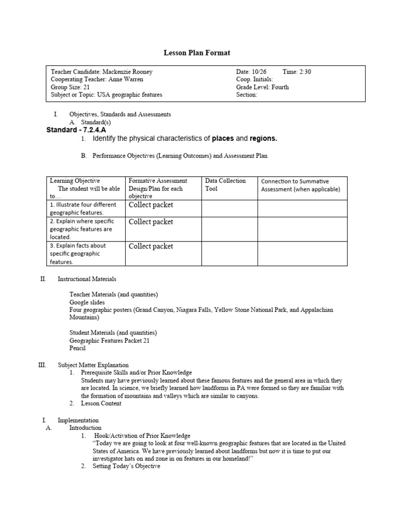 Usa Geographic Features Lesson Plan PDF Cognition Learning