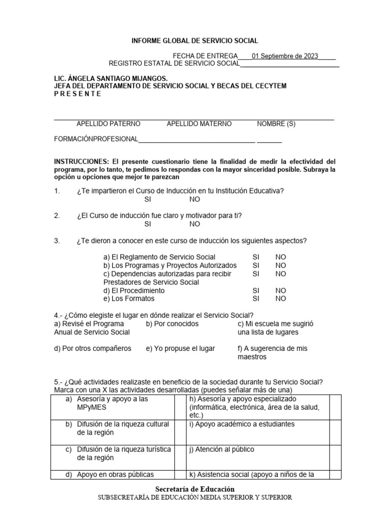 Informe Global de Servicio Social 2023 Actualizado | PDF | Trabajo Social