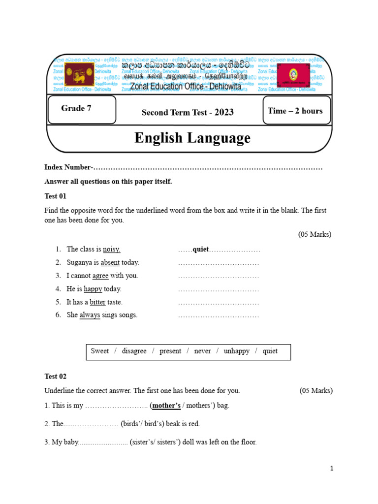 English-Grade 7 - Paper I & II | PDF
