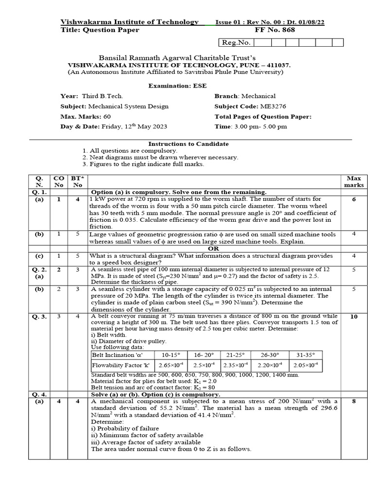 Sample MSD Paper | PDF | Belt (Mechanical) | Strength Of Materials