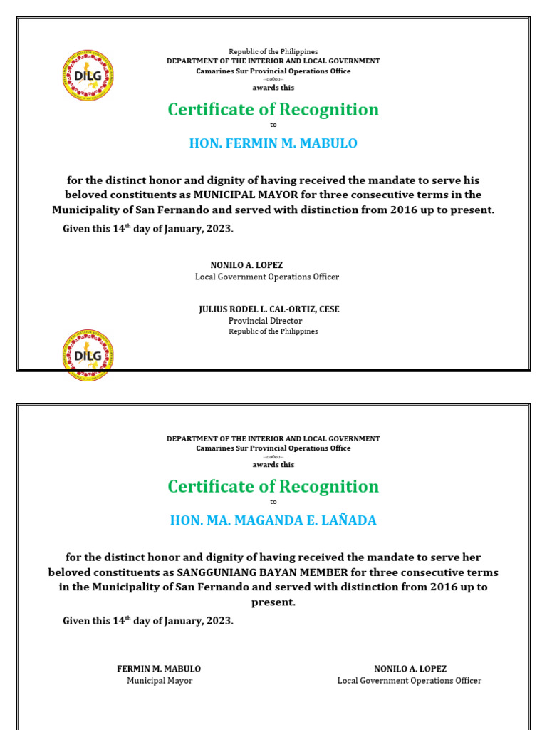 Certificate Of Recognition Mayor Pdf