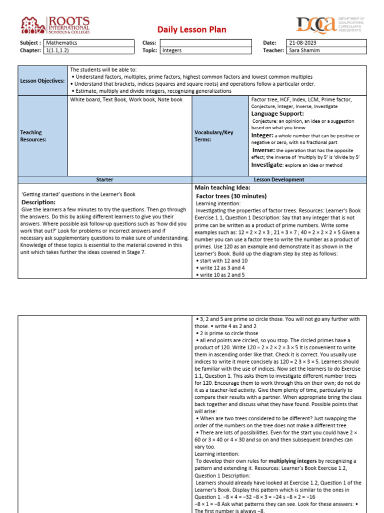 Daily Math Lesson Plan: Integers | PDF | Multiplication | Learning