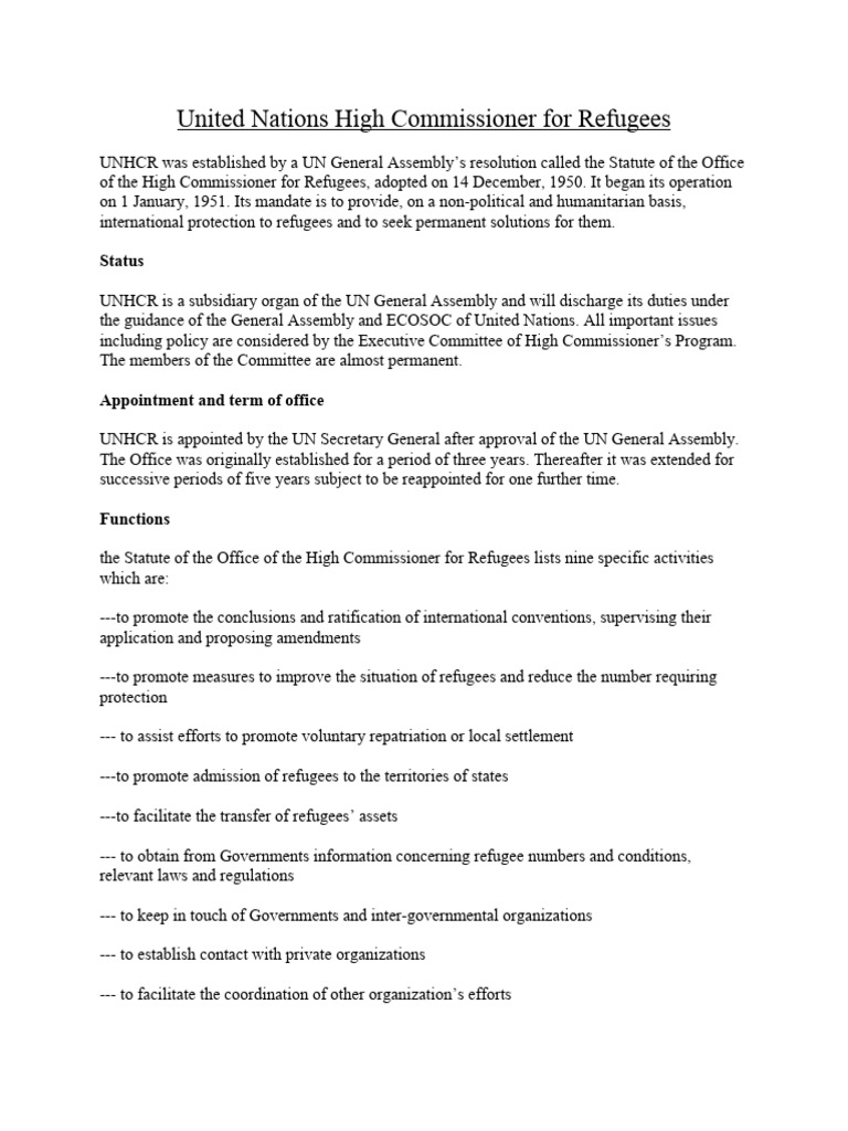 United Nations High Commissioner For Refugees (UNHCR) | PDF | United ...