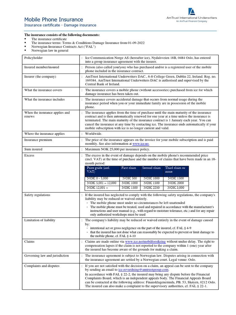 Insurance Certificate With Terms and Conditions Skadeforsikring PDF