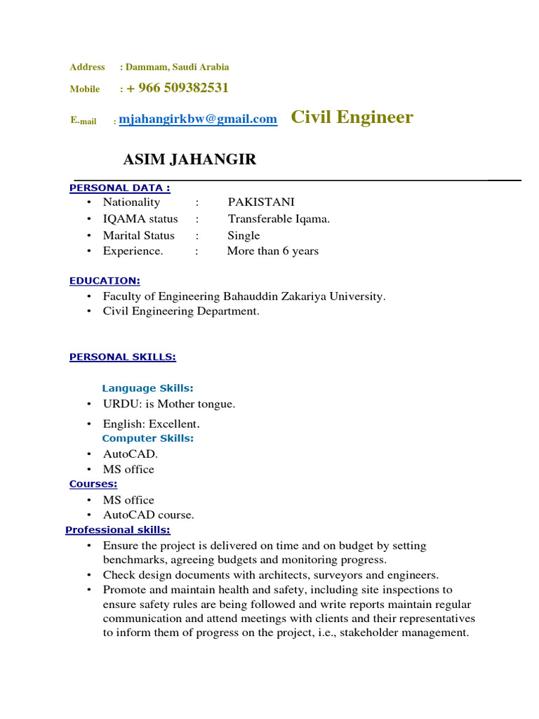 Civil Engineer CV | PDF | Consultant | Specification (Technical Standard)