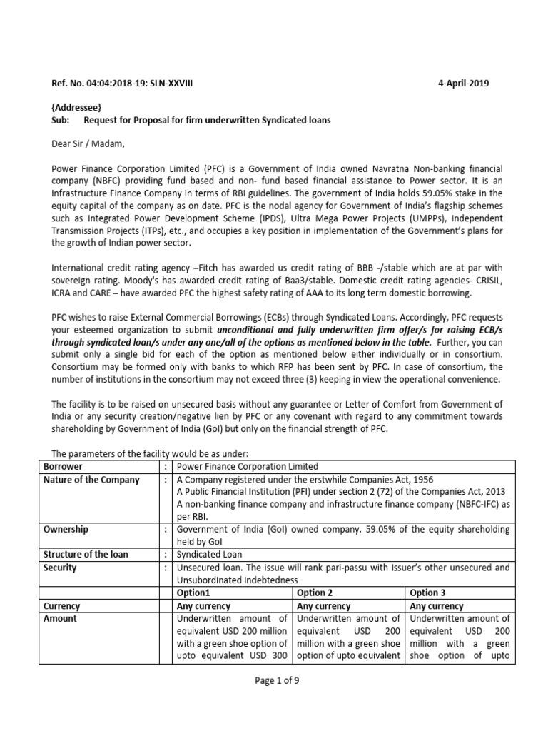 RFP For Firm UnderWritten Syndicated Loans | PDF | Syndicated Loan | Loans