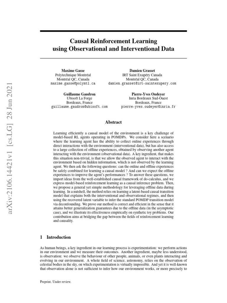 Causal Reinforcement Learning Using Observational and Interventional ...