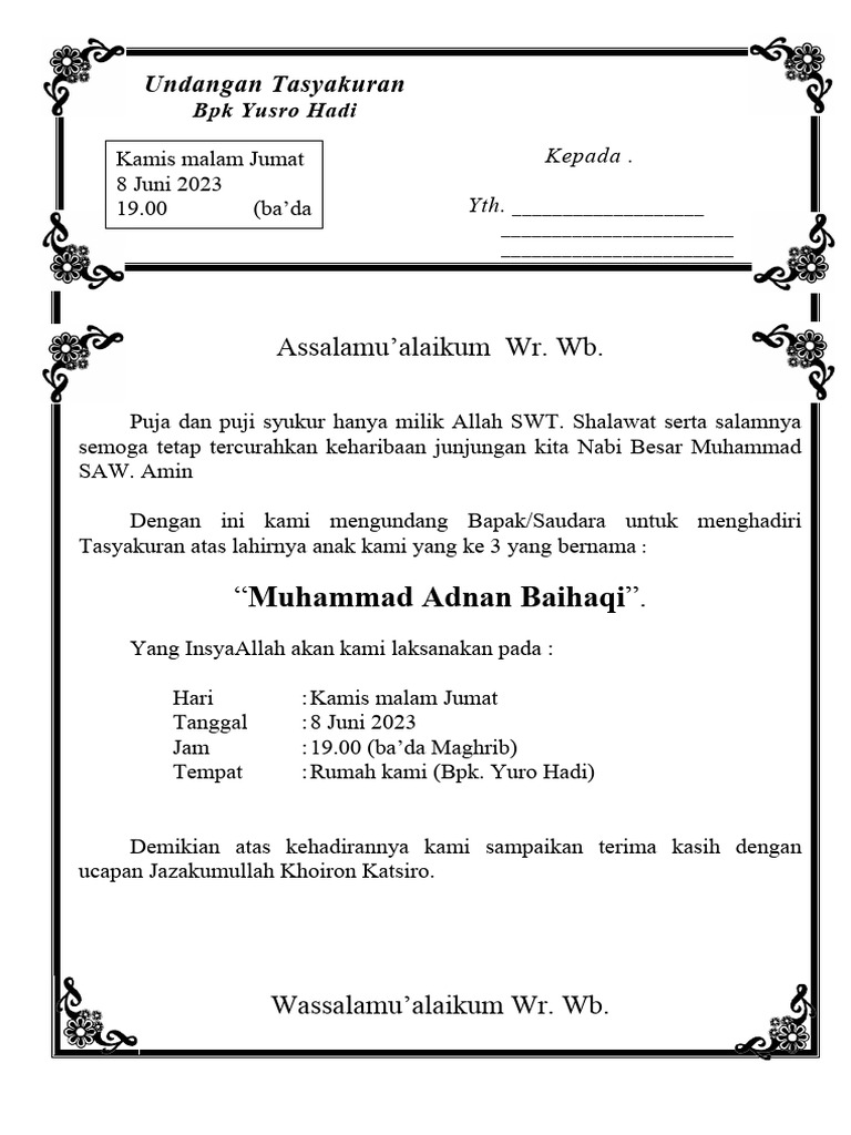 Contoh Undangan Aqiqah Anak | PDF