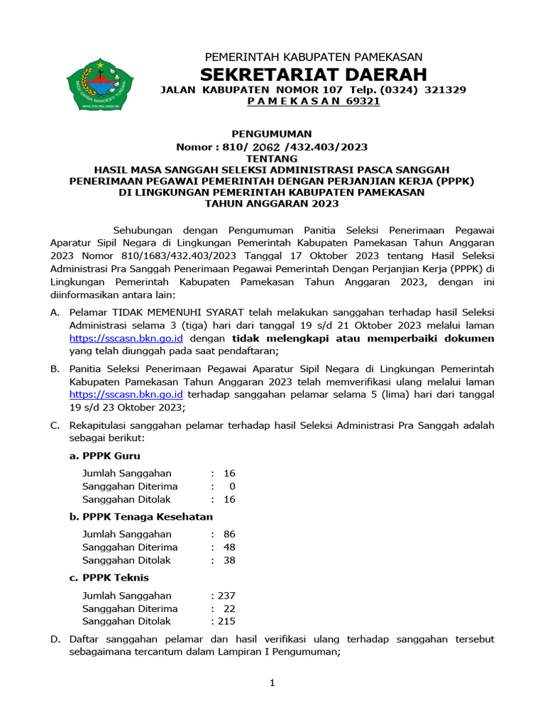 Pengumuman Hasil Seleksi Administrasi Pasca Sanggah PMK Ta 2023 | PDF