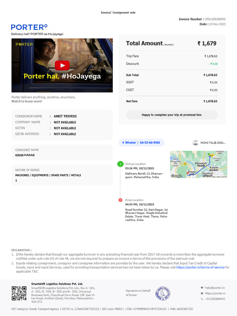 Porter Invoice and GST Details | PDF | Payments | Taxation
