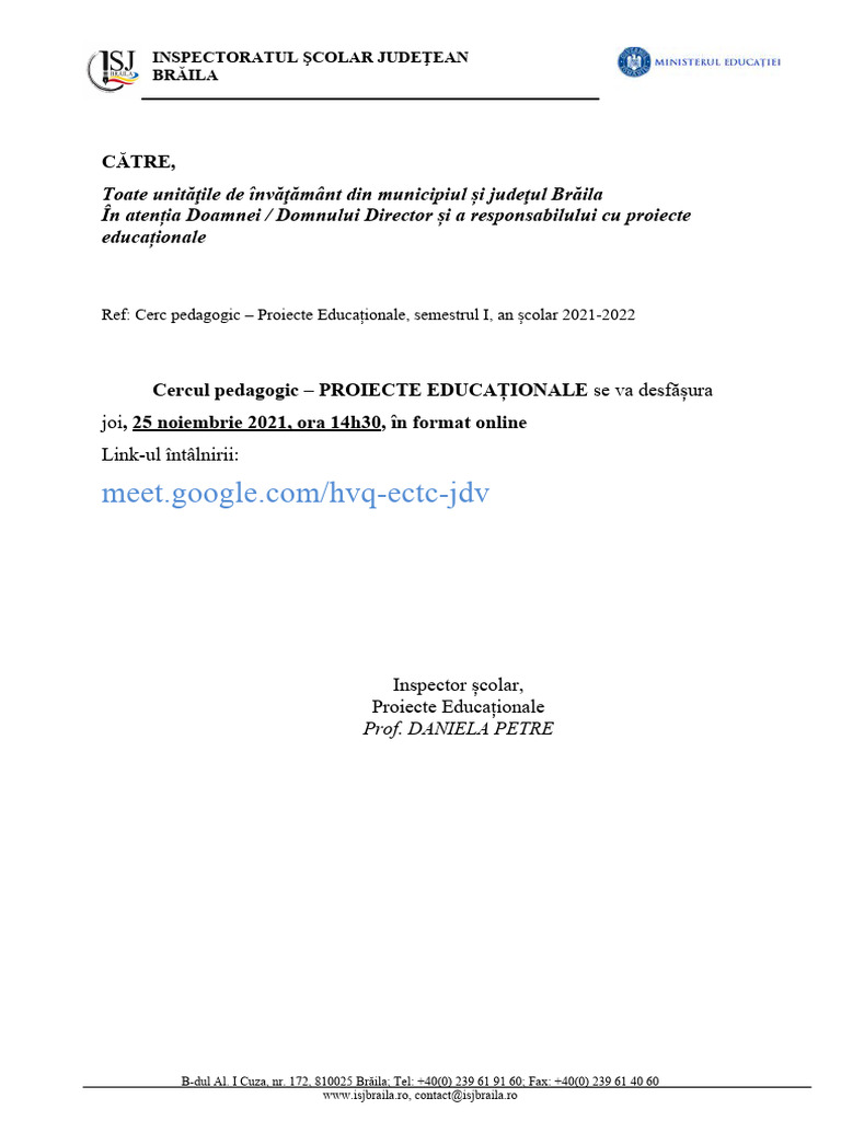 Adresa Cerc Pedagogic Proiecte Educationale SEM 1 | PDF