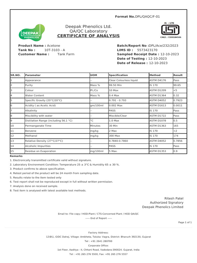 Acetone Deepak Phenolics Download Free PDF Chemistry Physical