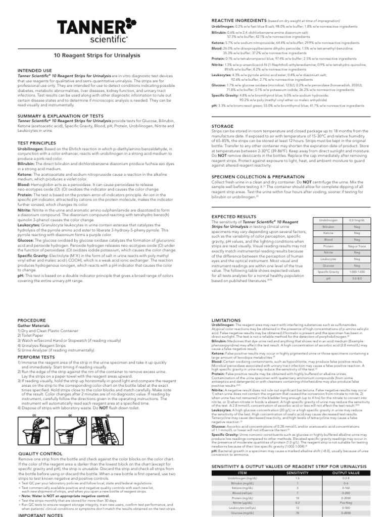 Tanner Scientific 10SG Reagent Test Strips PDF Chemistry Chemical