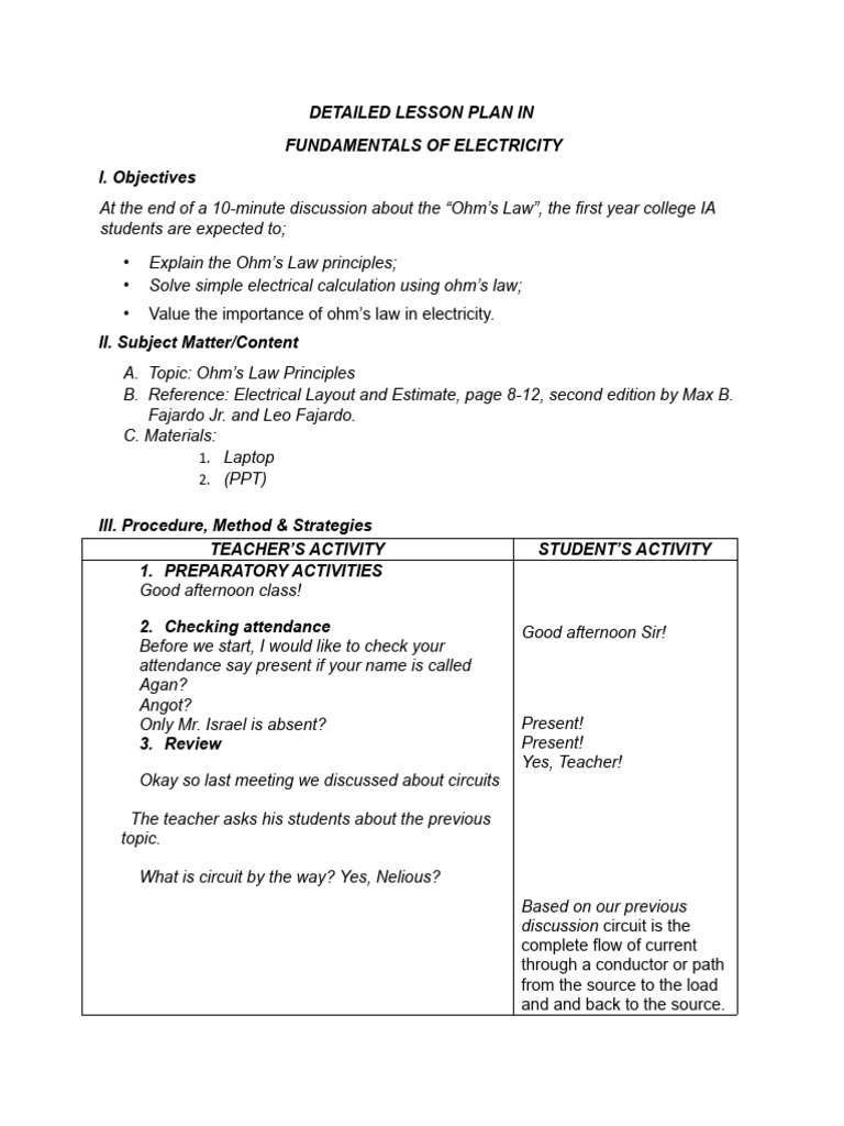 Detailed lesson plan in fundamentals of electricity antivo download