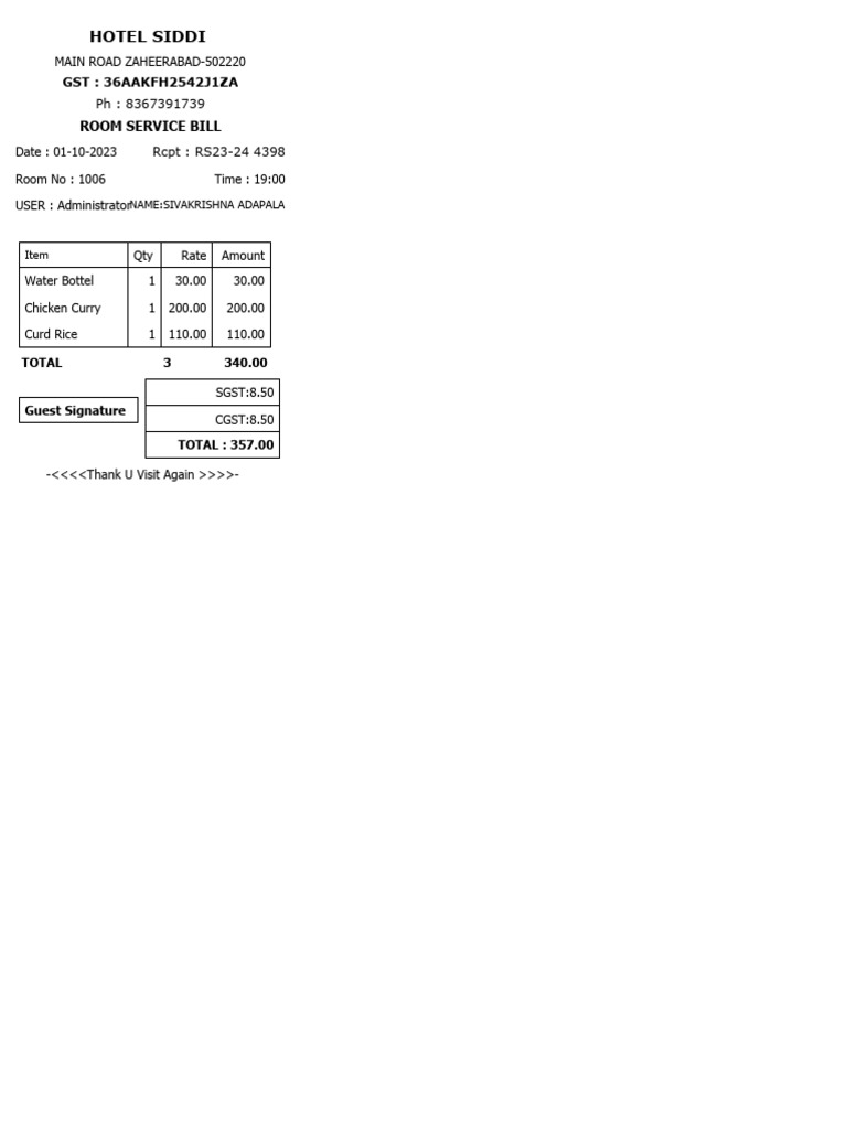 Hotel Room Service Bill PDF