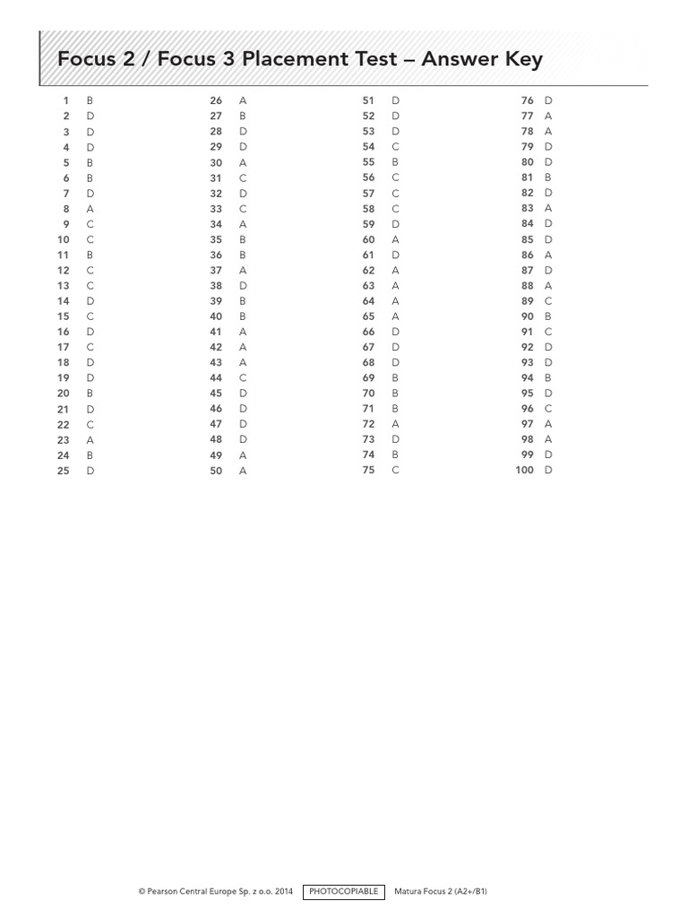 Focus 2 & 3 Placement Test Answers | PDF