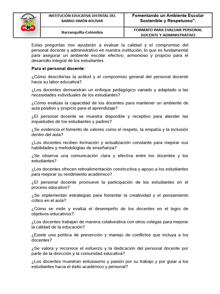 Formato para Evaluar Docentes-Administrativos | PDF | Enseñando | Maestros