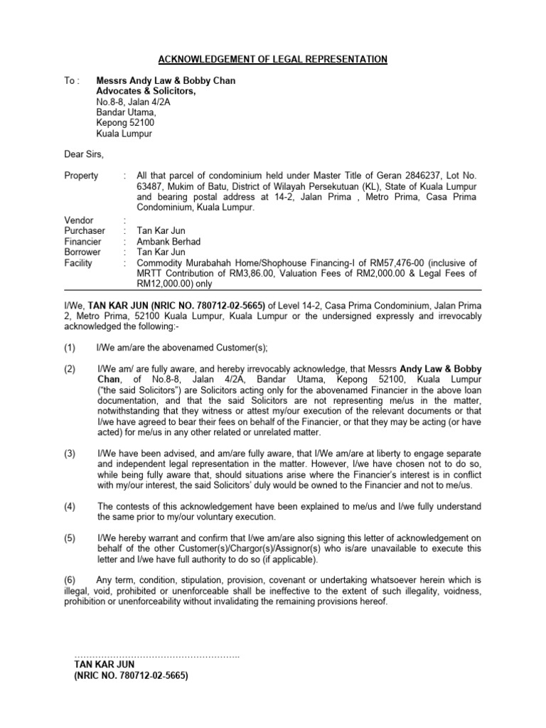 Acknowledgement of Legal Representation | PDF | Civil Law (Legal System ...