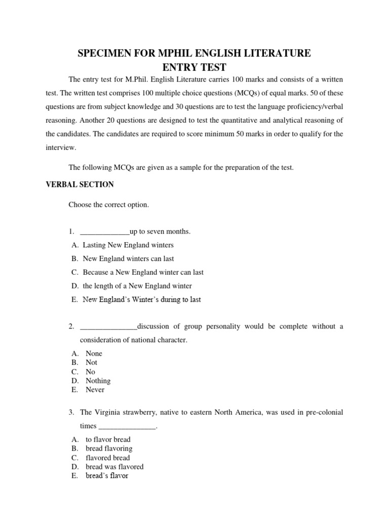 MPhil EL Entry Test Sample | PDF | Multiple Choice