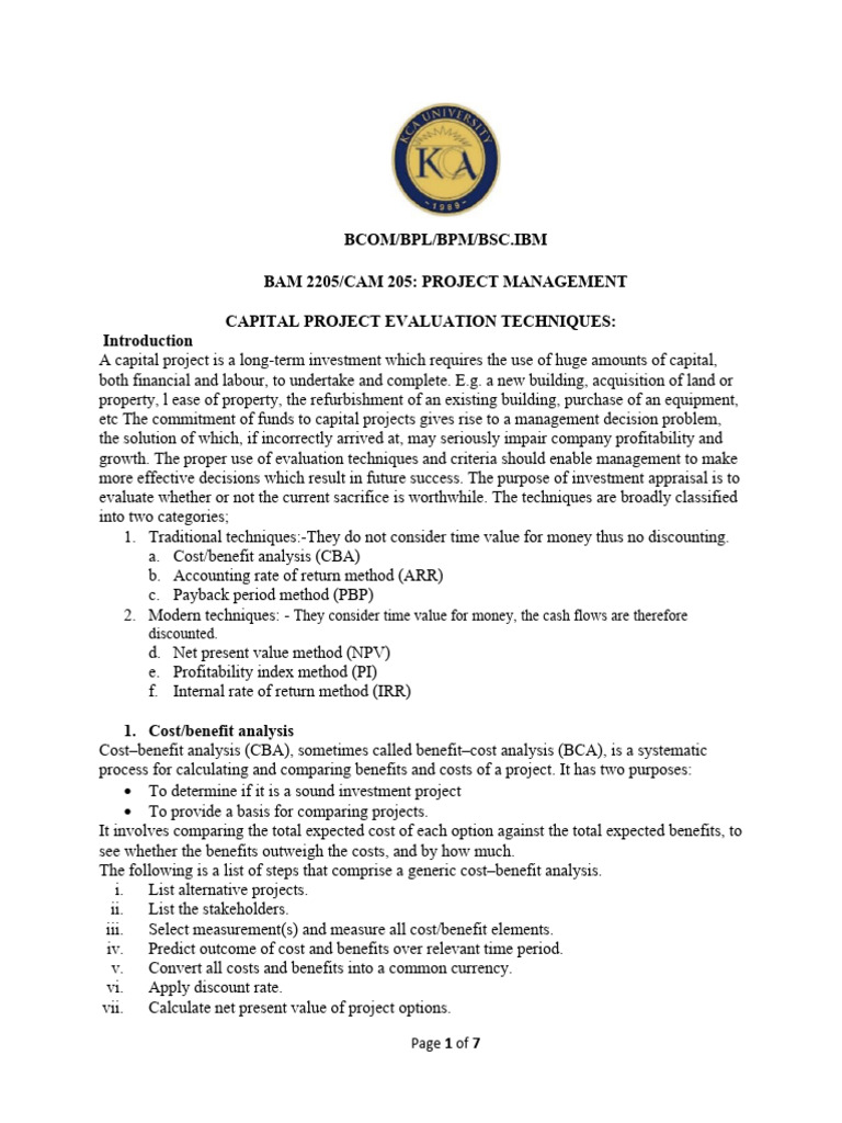 Capital project evaluation techniques complete pdf net present