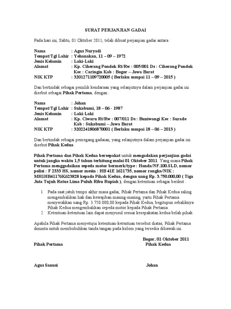 Surat Perjanjian Gadai