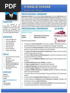 Maintenance Planner - 10 Years of Experience