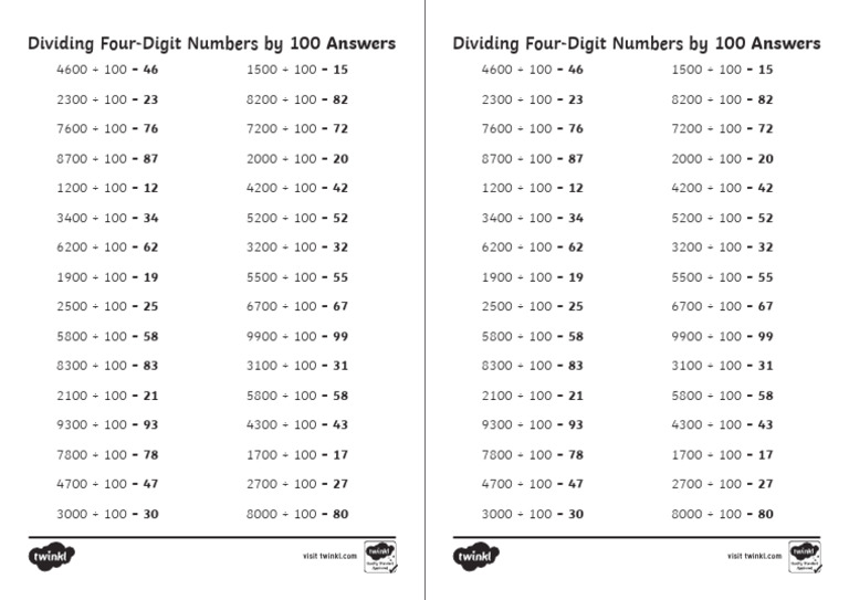 Dividing 4 Digit Numbers by 100 Answers PDF