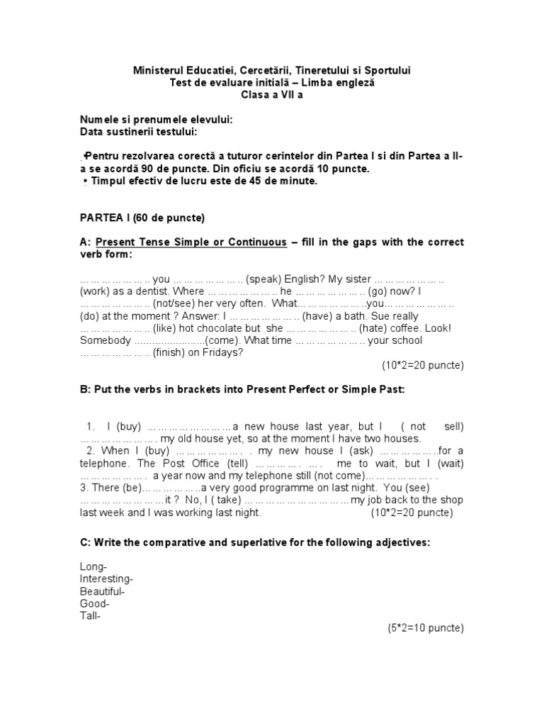 Test Initial Clasa a 7 A | Philology | Syntactic Relationships