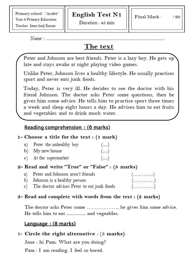 Year 6 English Comprehension Test | PDF