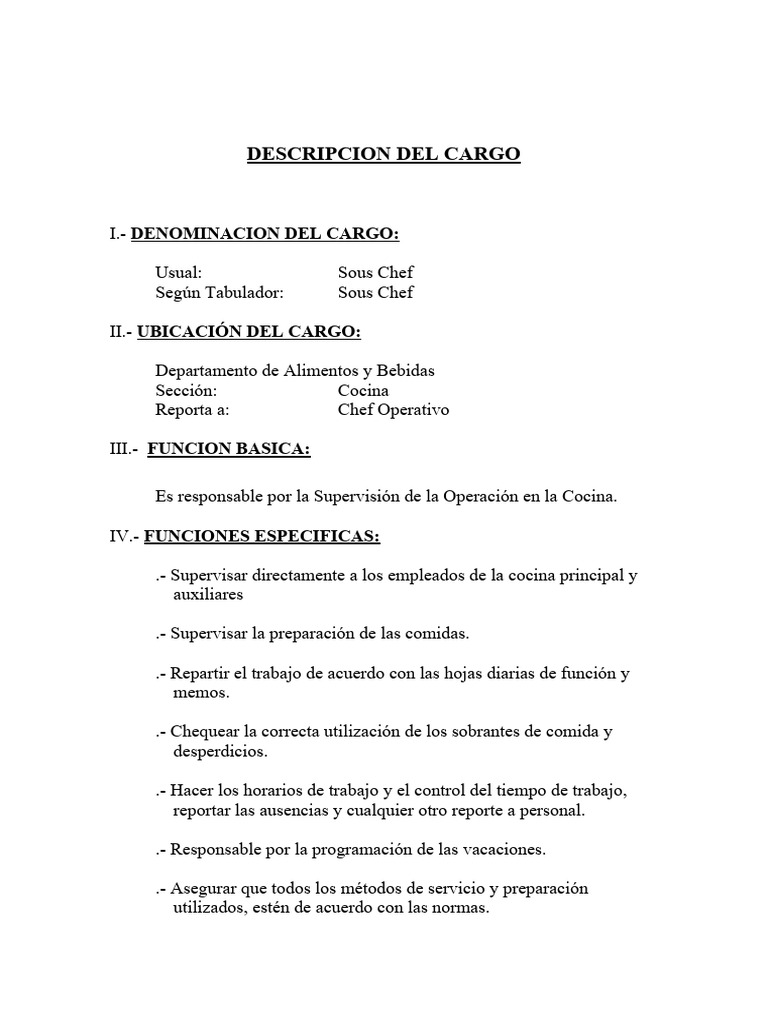 Descripción del Cargo: Sous Chef | PDF | Artes culinarias