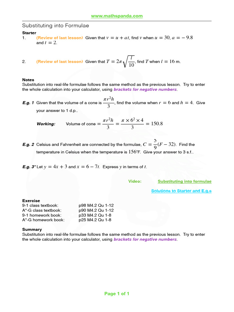 Substituting Into Formulae LESSON | PDF | Physical Quantities | Metrology