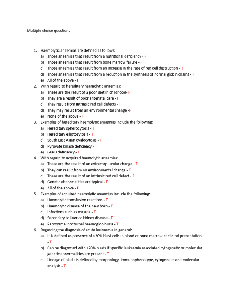 Marking Key PDF Anemia Diseases And Disorders