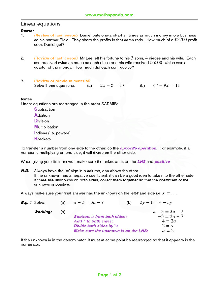 Linear Equations LESSON | Download Free PDF | System Of Linear ...