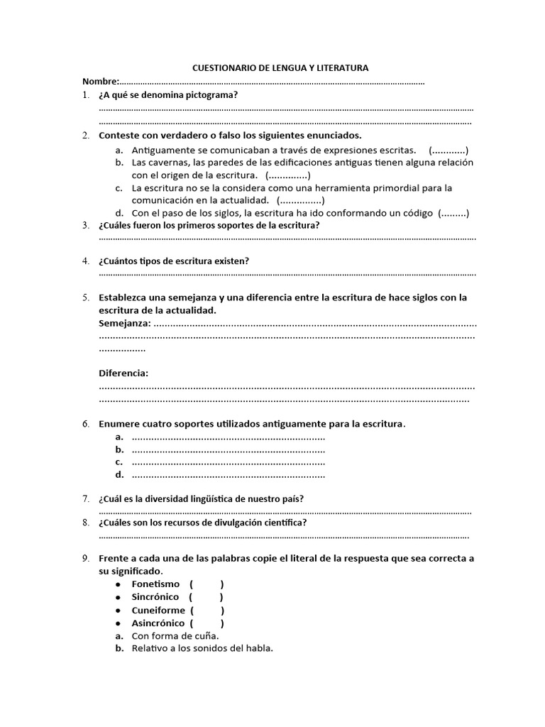 Cuestionario de Lengua y Literatura | PDF | Escritura | Lingüística