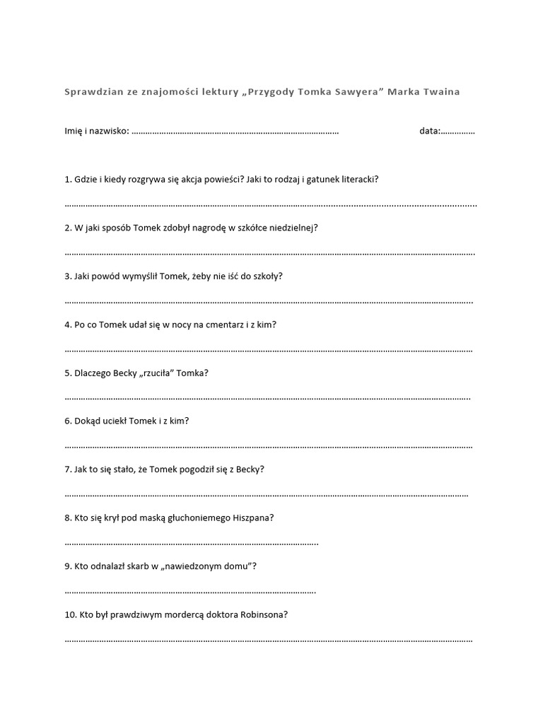 Test Z Lektury Tomek Sawyer Przygody Tomka Sawyera Test | PDF