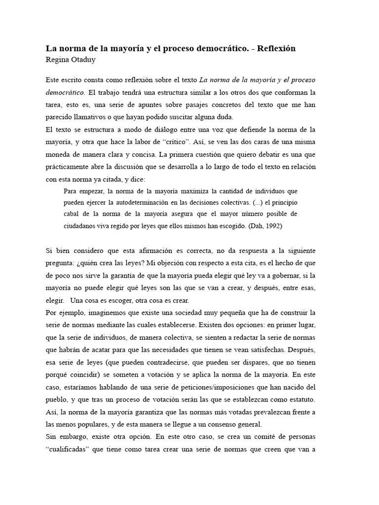 La Norma de La Mayoría y El Proceso Democrático | PDF | Democracia ...