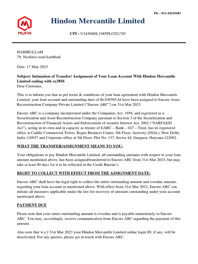Hindon Loan Transfer to Encore ARC | PDF | Securitization | Loans