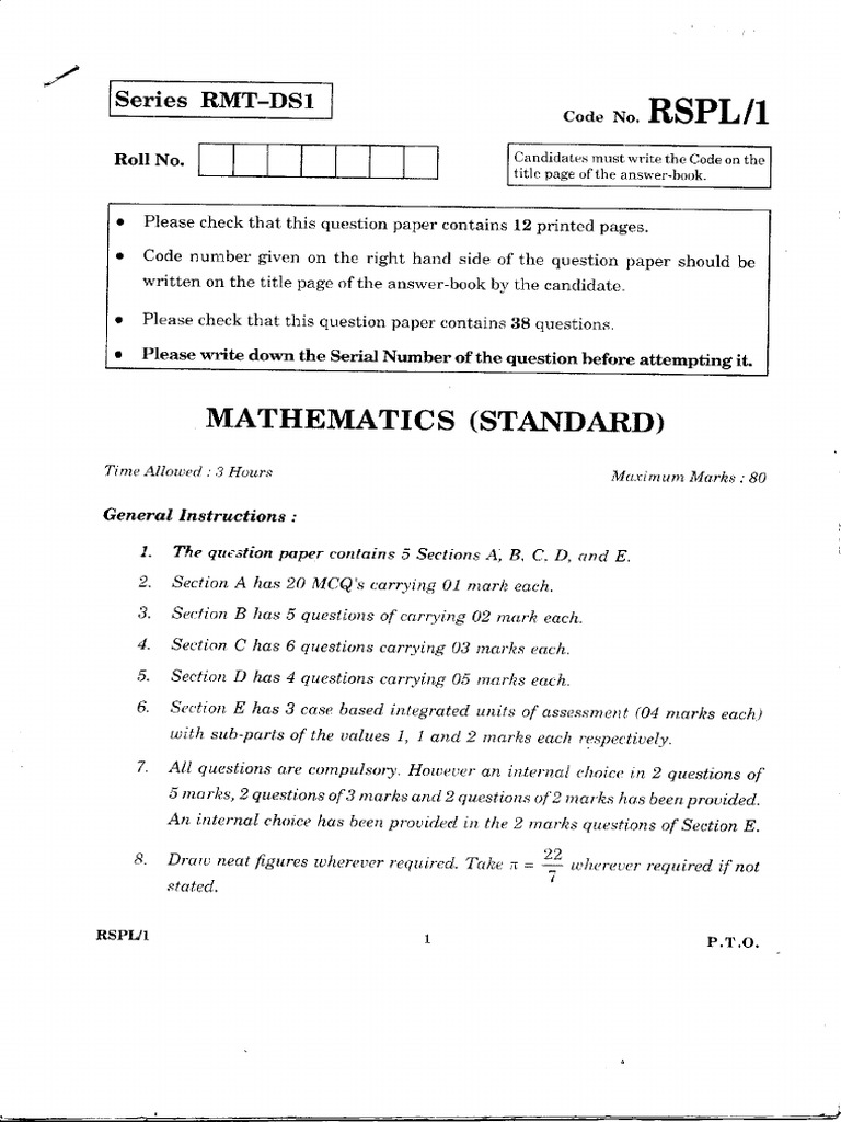 Maths (Standard) QP For Practice | PDF